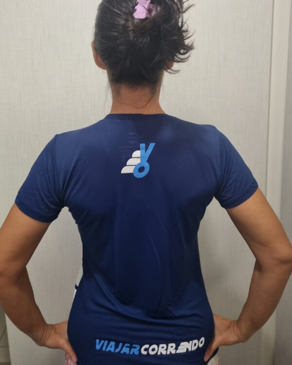 Camiseta de Corrida Feminina Manga Curta Azul Atrás