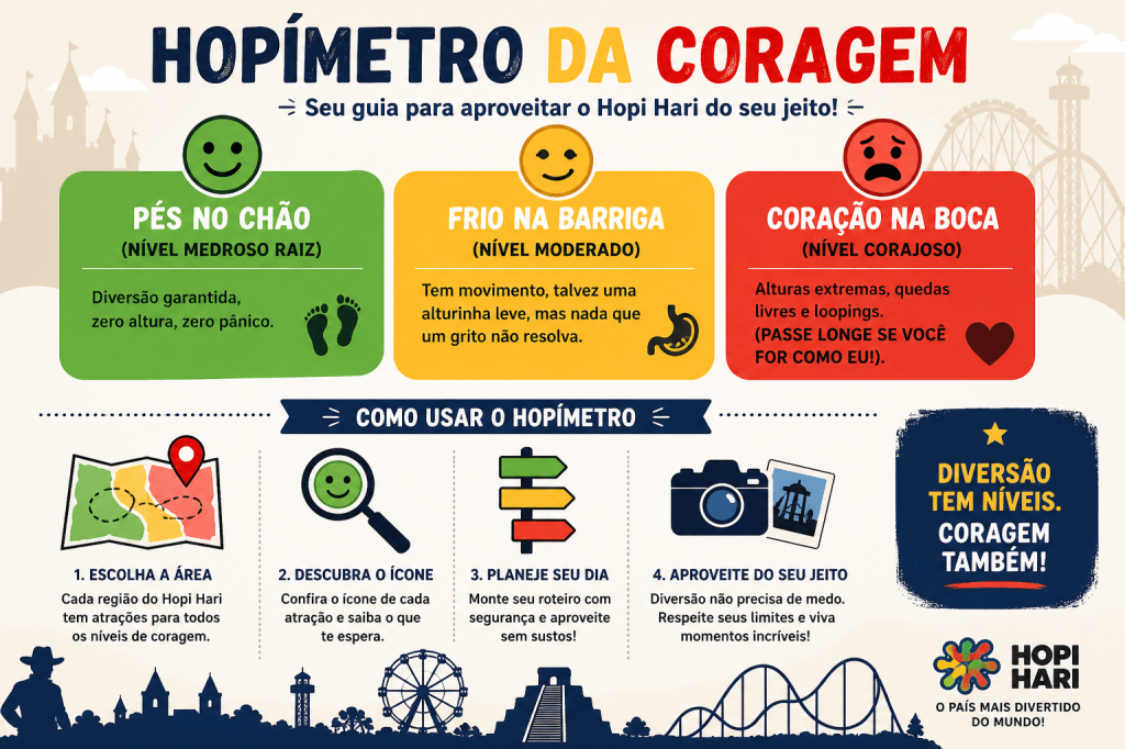 Hopímetro da coragem no Hopi Hari mostrando níveis de atrações para medrosos, moderados e radicais com cores verde, amarelo e vermelho.